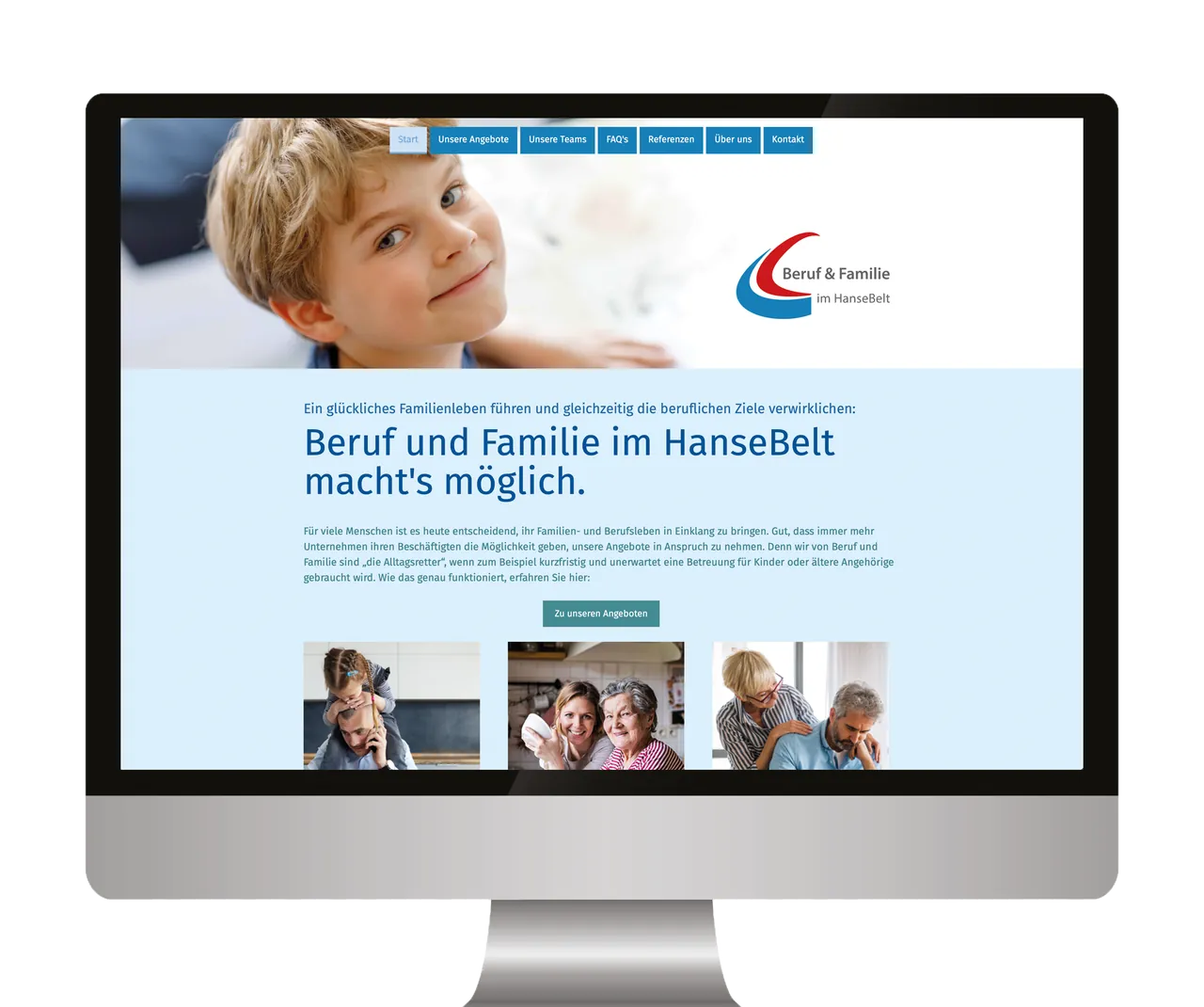 Startseite der Website von Beruf und Familie im HanseBelt auf einem Monitor
