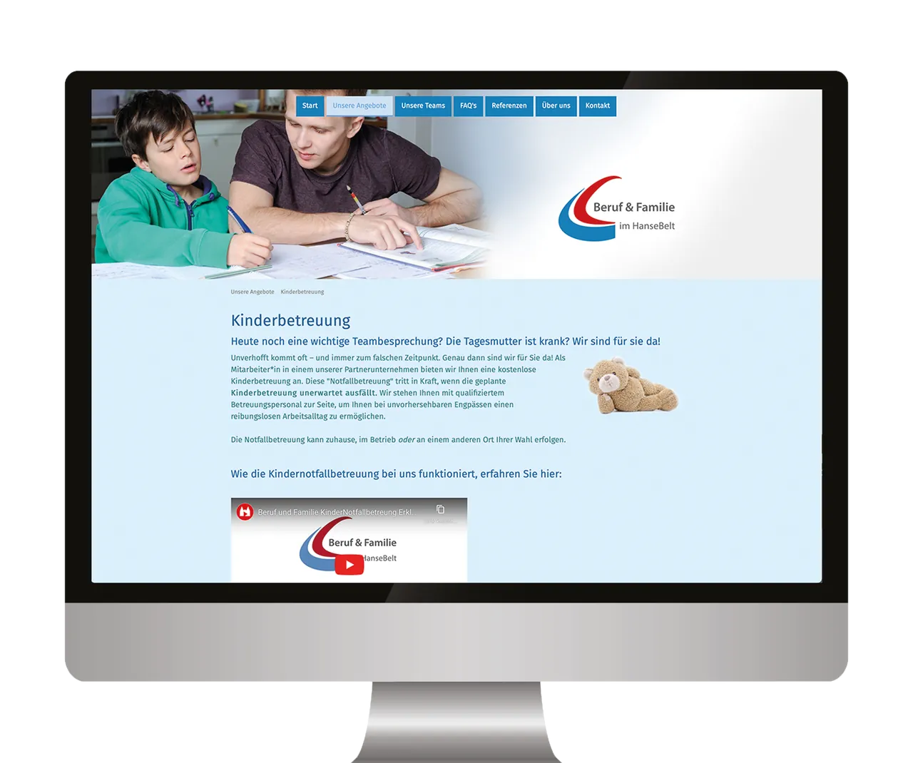 Unterseite Kinderbetreuung der Website auf einem Monitor