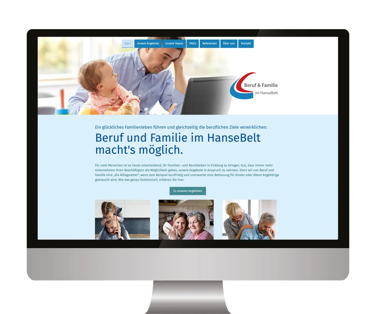 Startseite der Website mit Familienfoto auf einem Monitor