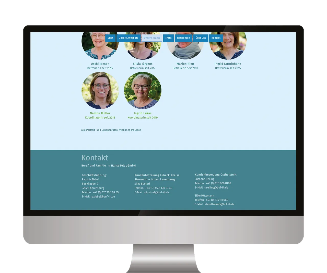 Unterseite Team mit Porträtfotos und Kontaktbereich auf einem Monitor