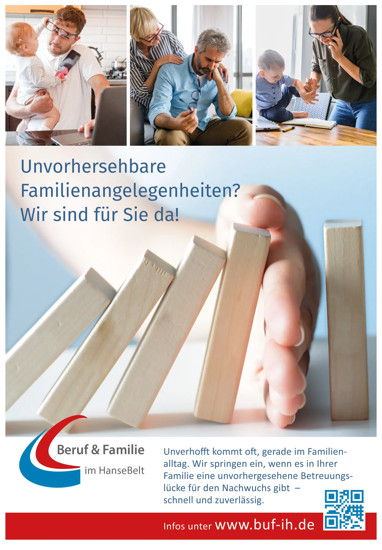 Plakat Unvorhersehbare Familienangelegenheiten? Wir sind für Sie da! mit kippenden Holzklötzen