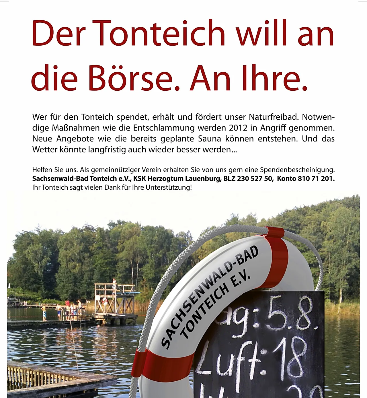Plakat Der Tonteich will an die Börse. An Ihre. für das Sachsenwaldbad Tonteich