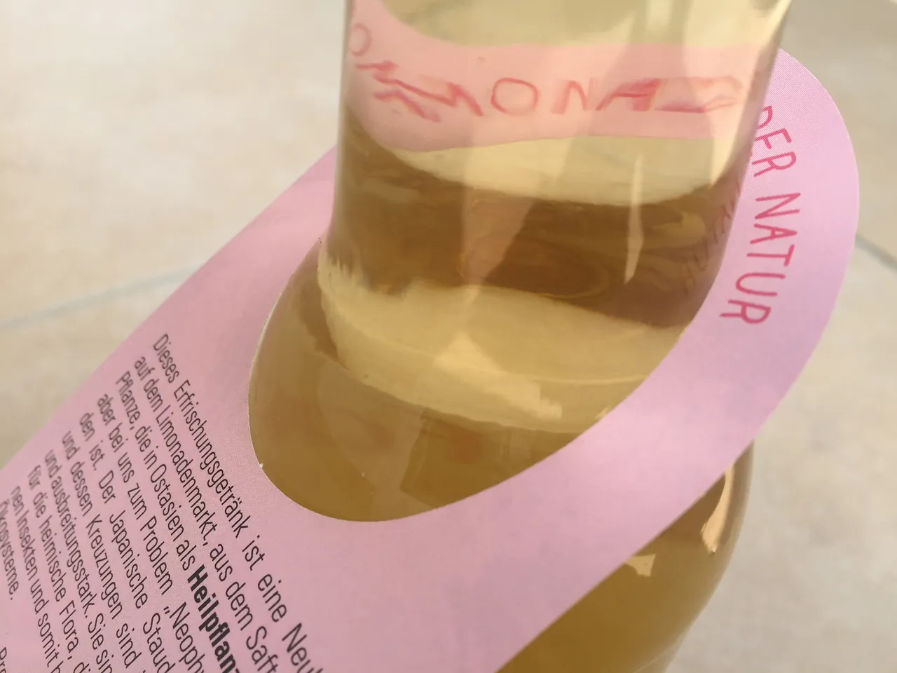 Flaschenanhänger in Rosa an einer Fallopia-Flasche