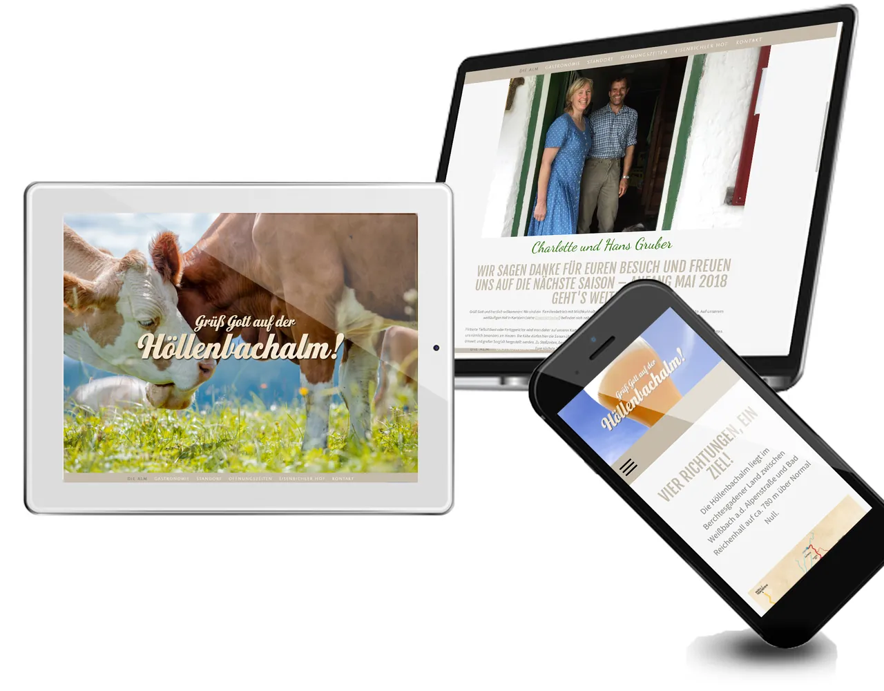 Website der Höllenbachalm auf Tablet, Laptop und Smartphone