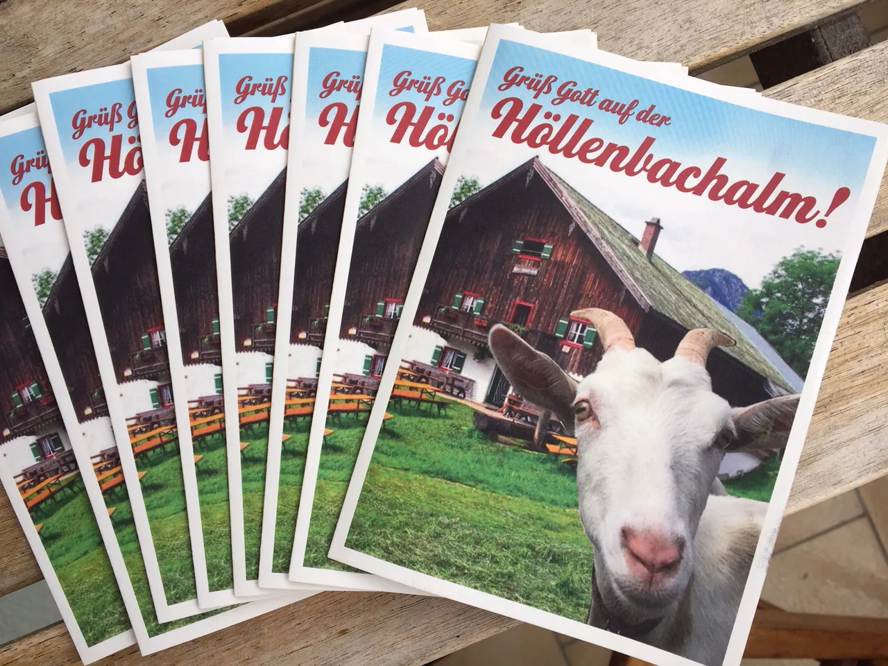Leporello der Höllenbachalm im Postkartenformat mit Ziege auf dem Titel