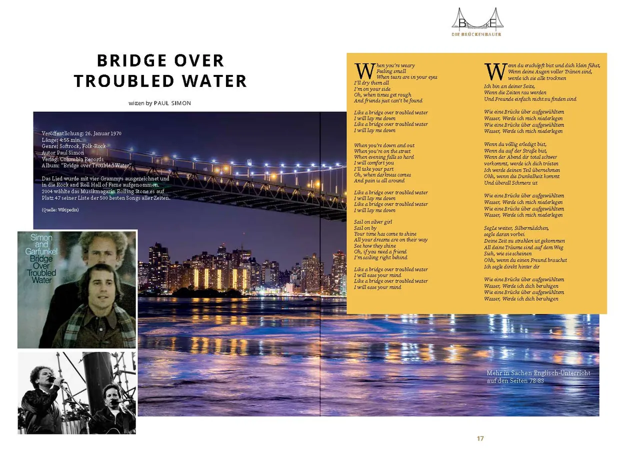 Doppelseite Bridge over troubled water mit Liedtext und Brücke bei Nacht