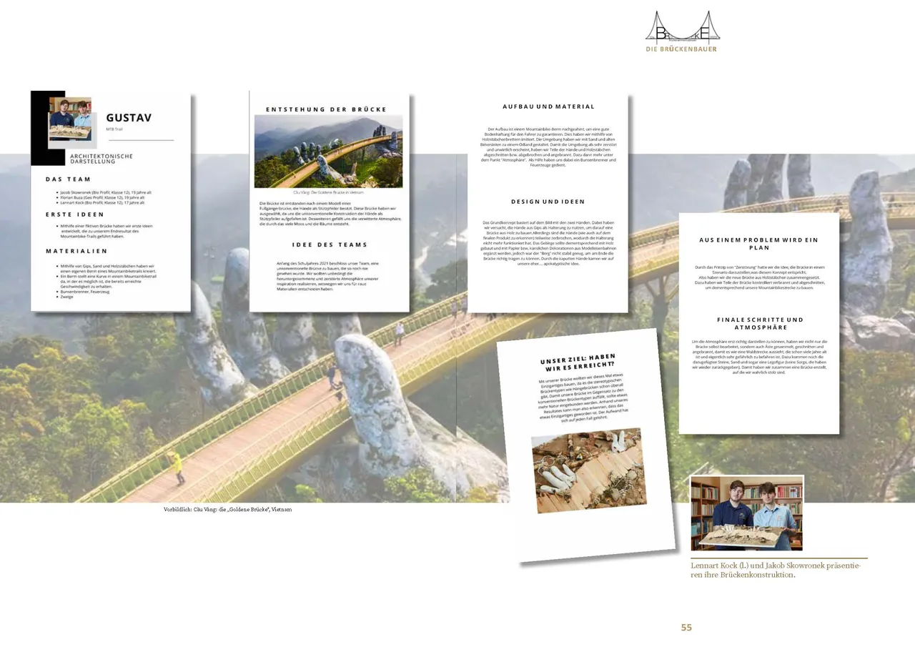 Aufgeklappte Magazinseiten zum Thema Brücken vor einer Bergbrücke