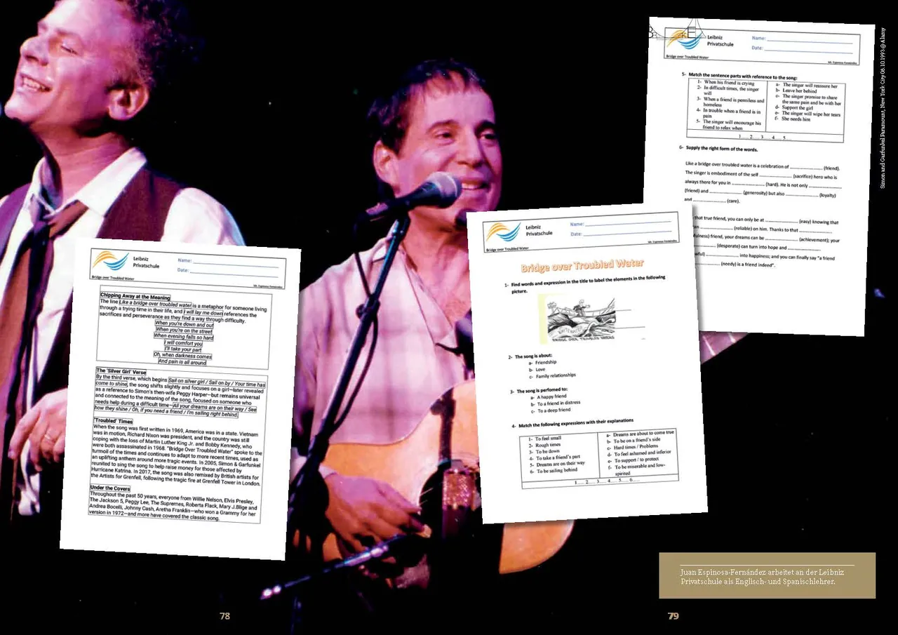 Doppelseite mit Konzertfoto und Arbeitsblättern zu Bridge over troubled water