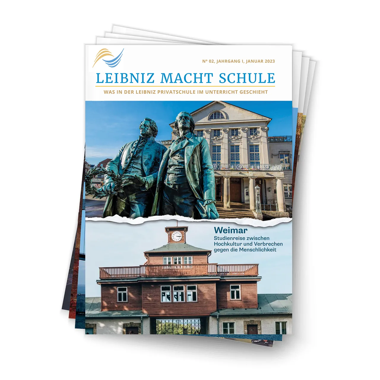 Stapel des Magazins Leibniz macht Schule mit dem Titelthema Weimar