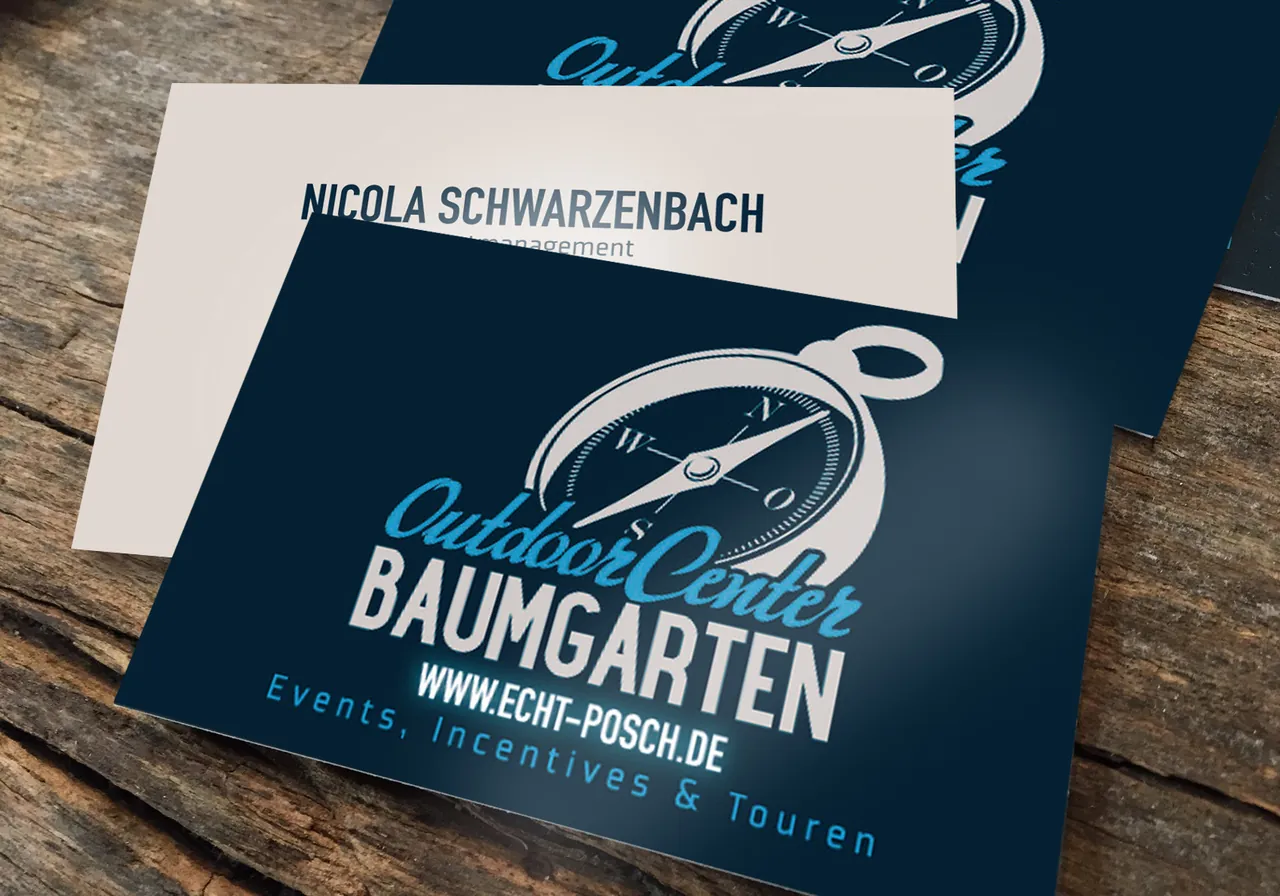 Visitenkarte und Folder des Outdoor Center Baumgarten