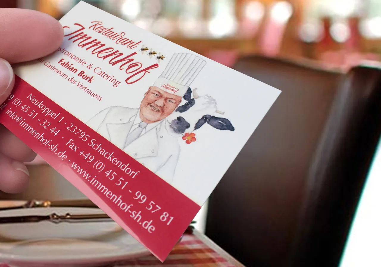 Visitenkarte des Restaurants Immenhof mit Koch-Illustration