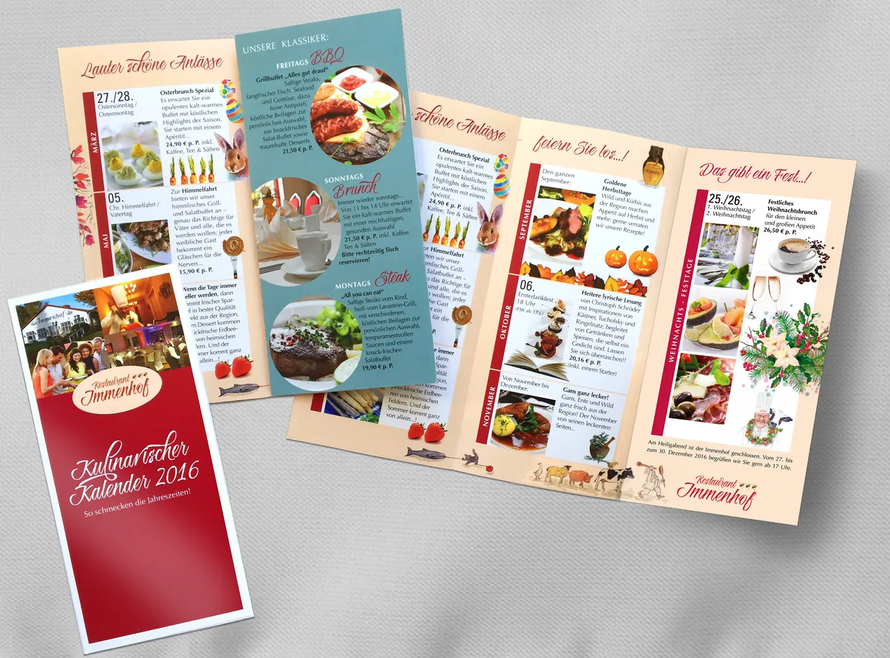 Kulinarischer Kalender als Falzflyer in Rot und Rosé