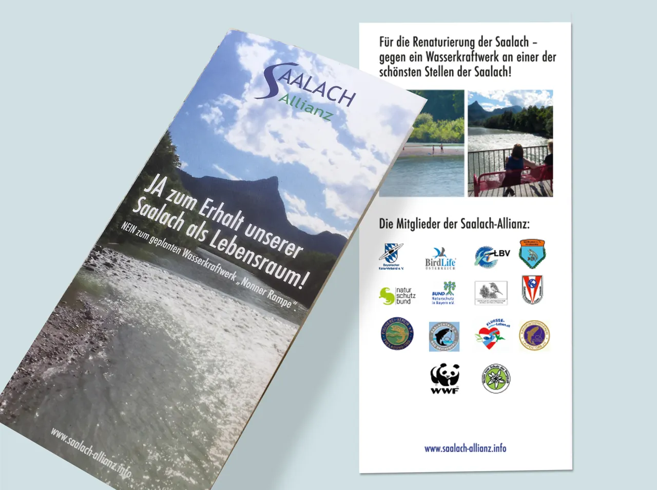 Flyer der Saalach-Allianz, Ja zum Erhalt unserer Saalach als Lebensraum, mit Mitgliederlogos