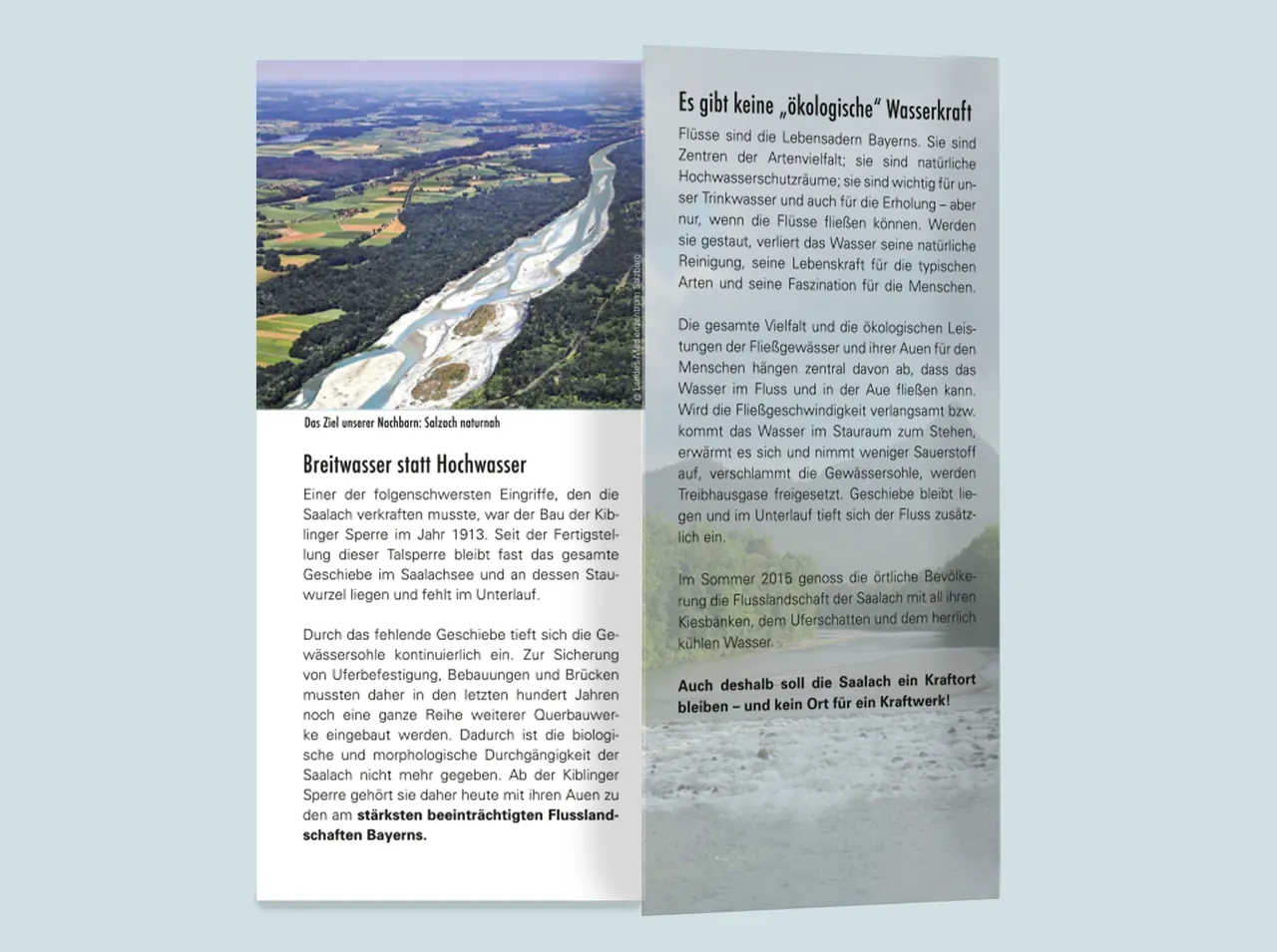 Aufgeklappter Flyer Breitwasser statt Hochwasser mit Luftbild der Saalach