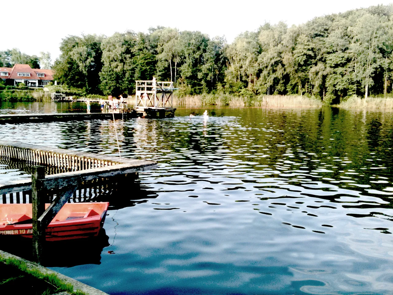 Blick über den Tonteich im Sachsenwald mit Steg und Bäumen