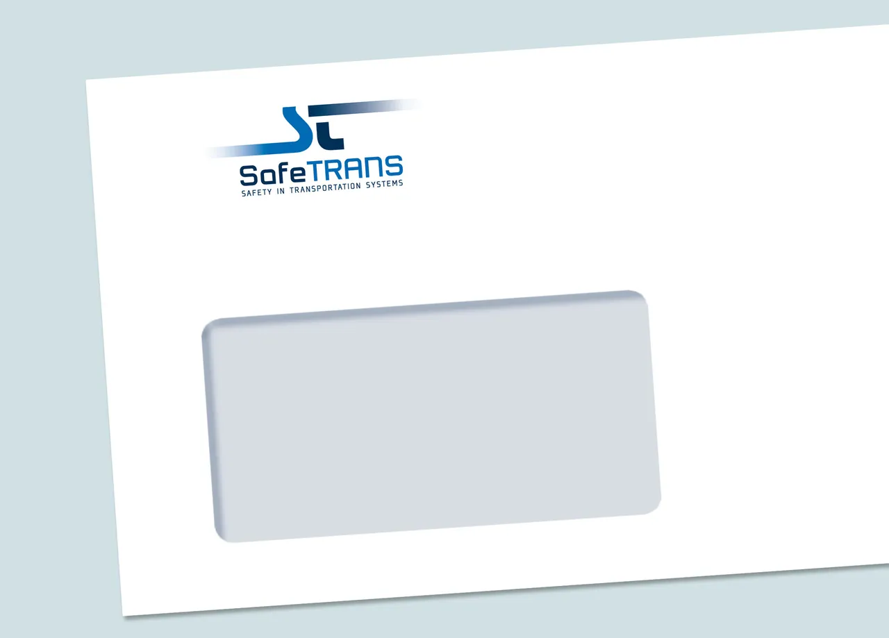 Briefumschlag mit Fenster und SafeTRANS-Logo