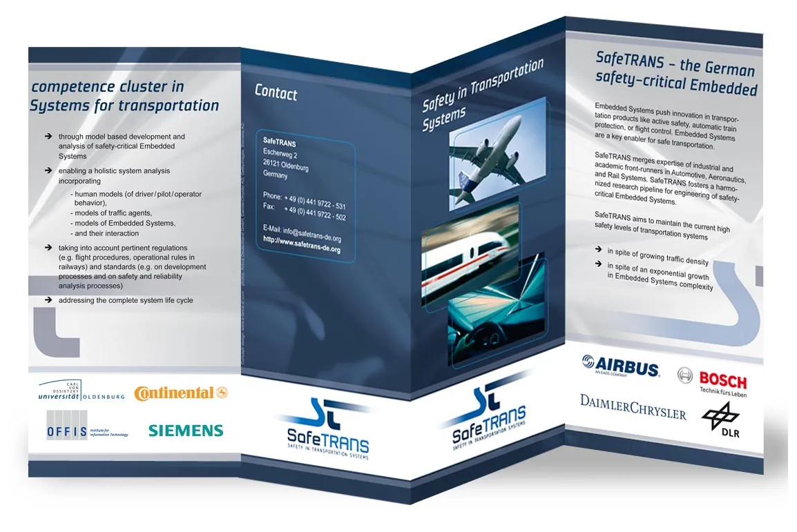 Aufgeklappter Flyer von SafeTRANS mit Partnerlogos
