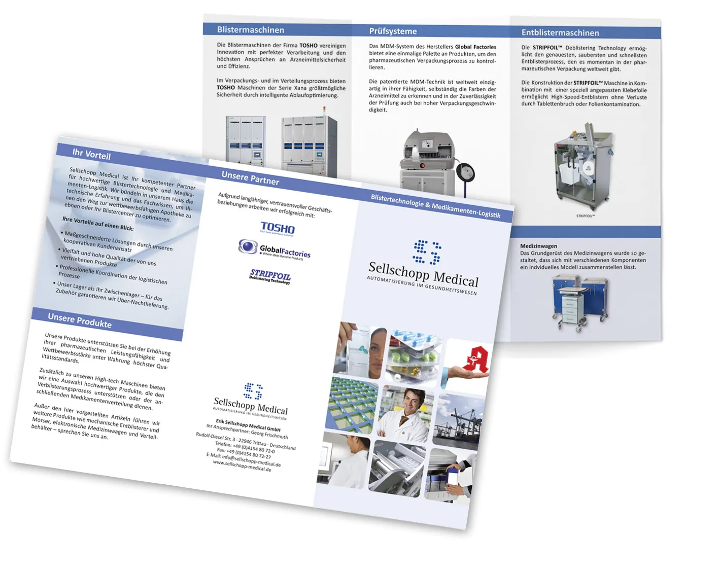 Aufgeklappter Produktflyer von Sellschopp Medical mit Apothekenmotiven
